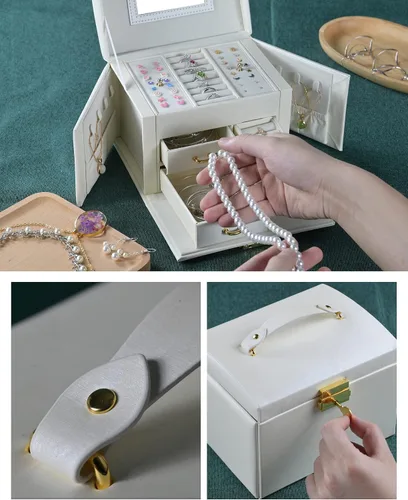 Vista 4 de GDJMLai Joyero para mujer, organizador de joyas con cerradura, caja de anillos con espejo, organizador de collares, artículos esenciales de viaje