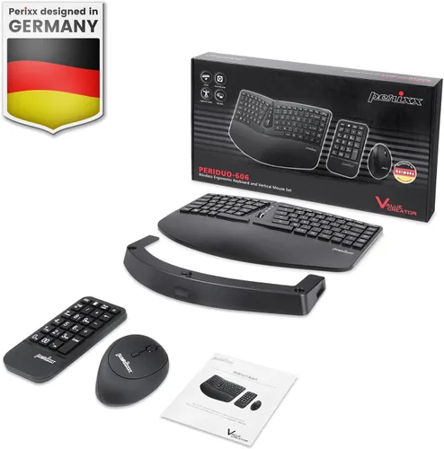 Vista 7 de Perixx PERIDUO-606A, teclado ergonómico compacto inalámbrico 3 en 1 con mouse vertical y teclado numérico, reposamanos ajustable, rueda inclinable