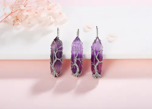 Vista 3 de XIANNVXI Collar con colgante de luna creciente envuelta en alambre con forma de árbol de la vida Collar con piedras de cristal curativo de reiki