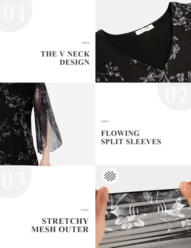 Vista 3 de SeSe Code Vestido de malla elástica con volantes y manga 34 para mujer, vestidos de invitadas de boda