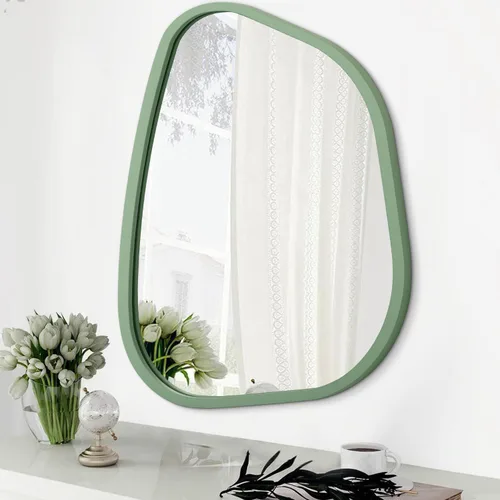 Vista 9 de Espejo asimétrico para pared, marco de madera ovalado irregular, moderno, único, espejo de pared decorativo para baño, sala de estar, dormitorio