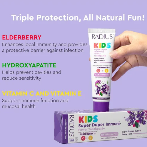 Vista 6 de Radius Pasta de dientes Super Duper Immunity Power para niños, 2.5 onzas, sabor a bayas y menta, paquete de 1