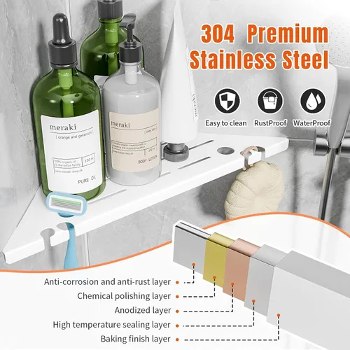 Vista 2 de Estante esquinero para ducha, acero inoxidable 304, negro, montaje en pared, triangular, 10 x 10 pulgadas, resistente a fugas, paquete de 2 Blanco