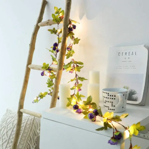 Vista 3 de Guirnalda de luces de simulación de rosas colgantes, guirnalda de plantas de seda, flores artificiales de seda, funciona con pilas, para decoración