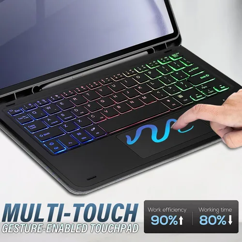 Vista 6 de Funda con teclado retroiluminado con panel táctil para Samsung Galaxy Tab A9 Plus de 11 pulgadas versión 2023, teclado inalámbrico retroiluminado