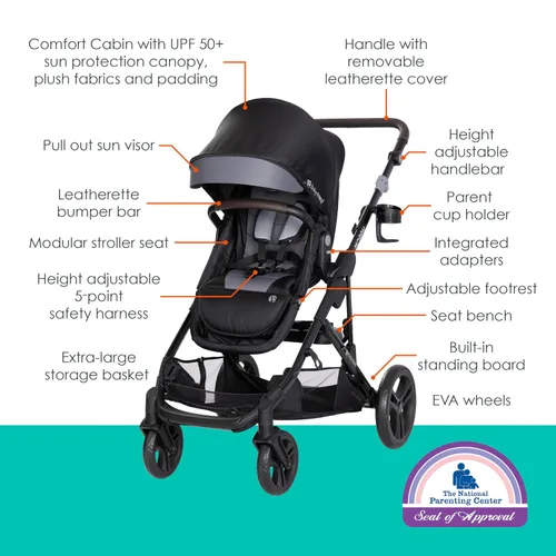 Vista 2 de Baby Trend Morph Cochecito Modular de Individual a Doble, Dash Black