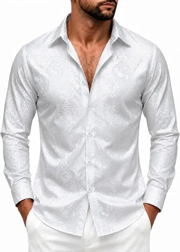Vista 27 de DiBanGu Camisa de vestir de paisley de seda para hombre, formal, de manga larga, con cuello abotonado, camisas informales para fiesta de boda Negro