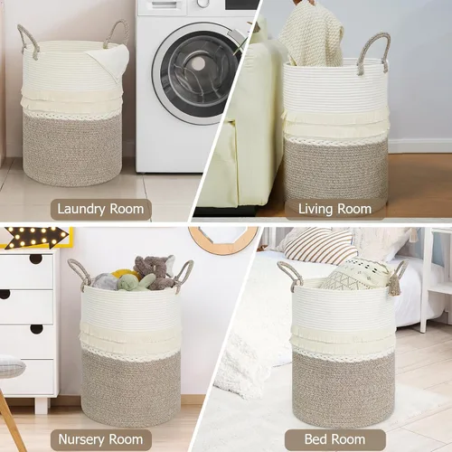 Vista 7 de Cesta grande de 79 L para ropa sucia, cesta tejida de algodón con asas, cesta de almacenamiento para ropa sucia en el baño, cesta decorativa