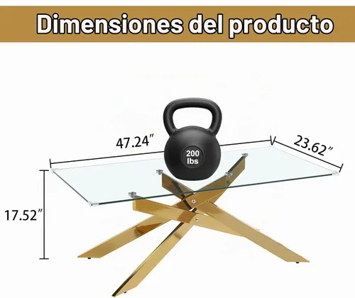 Vista 2 de Mesa de centro rectangular moderna de cristal, mesa central de vidrio templado y patas de metal chapado en oro para sala de estar, oficina en casa