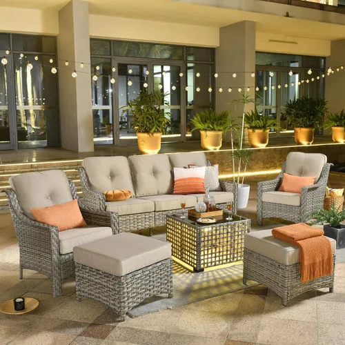 Vista 26 de ovios Muebles de patio al aire libre de 4 piezas con sofá de 3 asientos, juego de cubierta de mimbre de ratán con respaldo alto, sofá individual