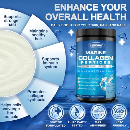 Vista 5 de ZEBORA Marine Collagen Peptides Powder - 50 porciones – Colágeno de pescado hidrolizado capturado en la naturaleza con ácido hialurónico, queratina