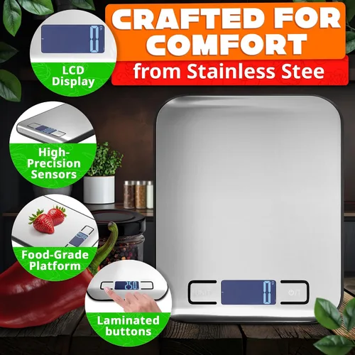 Vista 4 de Báscula de alimentos con sensor de 4 puntos – Báscula de cocina digital de peso gramos y onzas, libras, ml, leche ml con pantalla LCD, carga de 22