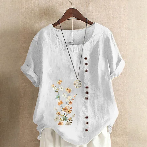 Vista 2 de Blusa estampada con flores para mujer, camiseta manga corta de algodón y lino, camisetas con cuello Redondo 2023