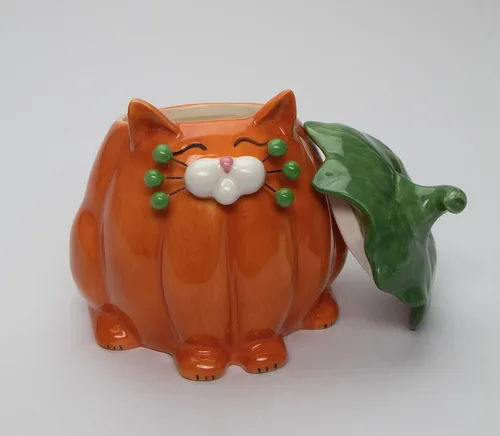Vista 4 de Cosmos Gifts Caja de caramelos con diseño de gato y calabaza de cerámica fina, 14.9 cm H