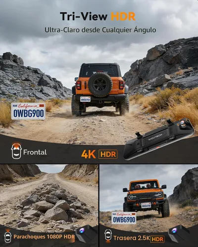 Vista 3 de WOLFBOX G900 Tripro Bumper-N 3 canales 4K Mirror Dash Cam, 4K+2.5K+1080P cámara delantera trasera y parachoques, 8MP STARVIS 2 IMX 678 visión