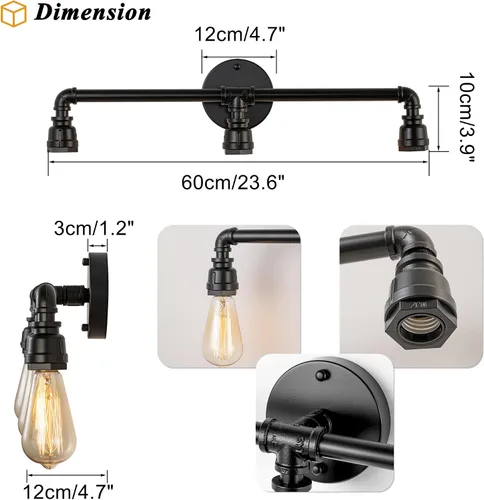 Vista 3 de Lámpara de tocador de baño, 3 luces de granja industrial de tubería de agua negra