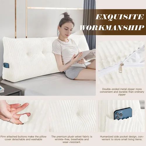 Vista 7 de Almohada Triangular Grande para Cabecera en Forma de Cuña para Descanso en Cama y Lectura; Almohada para el Respaldo con Soporte y Posicionamiento