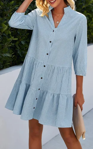 Vista 4 de CCTOO - Vestido de verano para mujer - Vestido camisero informal con cuello en V, manga 34y botones, estampado floral, suelto y fluido