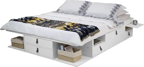 Vista 22 de Memomad Bali Set: Plataforma de almacenamiento con cajones + Cabecera con estantería (Tamaño individual, madera color marrón caramelo)