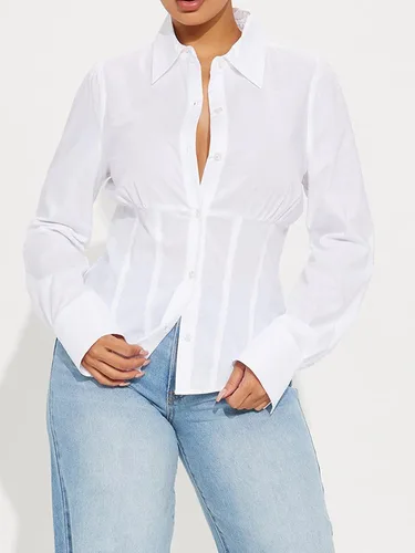 Vista 2 de Camisa de manga larga con botones para mujer, blusa de cintura ceñida, casual y para la oficina