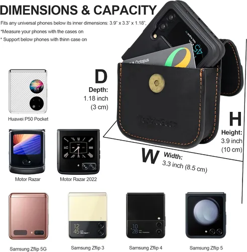 Vista 4 de Funda para teléfono con tapa para Motorola Razr, Samsung Z Flip 5/4/3 Series, funda de cuero negro con clip para cinturón con tarjetero y cierre
