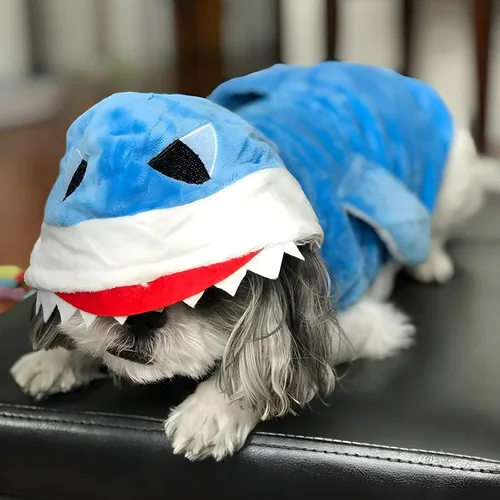 Vista 4 de NACOCO Disfraz de tiburón para perro, ropa para mascotas, abrigo de vacaciones de Halloween, sudadera con capucha para gatos y perros (azul, XS)