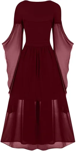 Vista 2 de Vestido punk gótico para mujer, hombros descubiertos, manga mariposa, vestido de Halloween, mangas de trompeta, conjunto bohemio