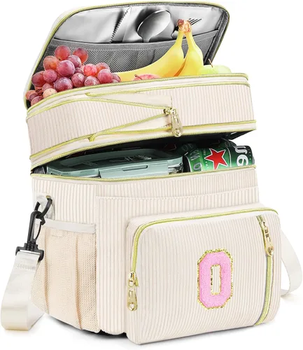 Vista 16 de Lonchera personalizada con inicial para mujer, bolsa de almuerzo grande con aislamiento térmico expandible de doble cubierta con correa