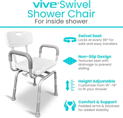Vista 2 de Vive Silla de ducha giratoria para ducha interior, asiento para ancianos, discapacitados, adultos, personas mayores, rotación de 360°, estrecho