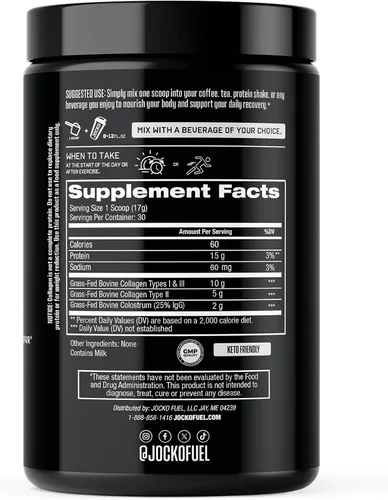 Vista 2 de Jocko Fuel Colágeno en polvo con calostro – 0.55 oz de colágeno hidrolizado + 0.07 oz de calostro de primer ordeño – Doble acción para la salud