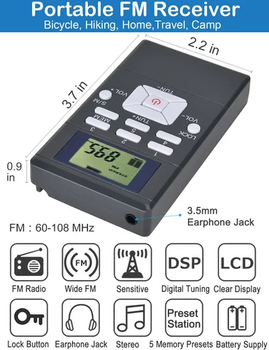 Vista 2 de ZHIWHIS Mini radio FM portátil, pantalla digital LCD estéreo, sintonización, transistor, receptor de conferencias con auriculares, radio de bolsillo