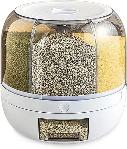 Vista 6 de Dispensador de cereales giratorio para encimera, recipientes de grano con 6 compartimentos, ideal para almacenamiento de lentejas, arroz, frijoles