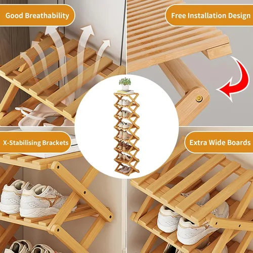 Vista 5 de YYW Zapatero de bambú para entrada, organizador vertical de almacenamiento de zapatos plegable y sin instalación, estantes para zapatos, estante