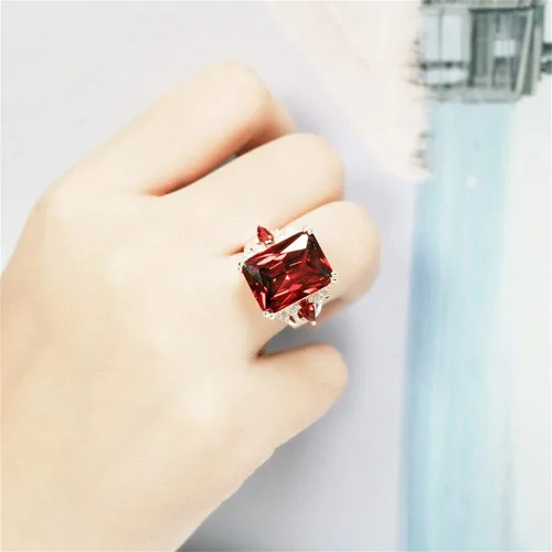 Vista 2 de Anillo de cóctel vintage de plata de ley 925 con rubí, anillo de cóctel de circonita cúbica roja, anillo de compromiso de eternidad, anillo de boda