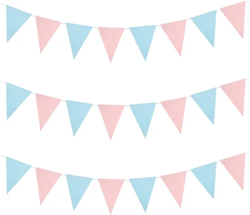 Vista 3 de Mefuny Banderín de revelación de género de 30 pies, 48 unidades, color azul claro y rosa, banderas triangulares de papel para decoración para baby