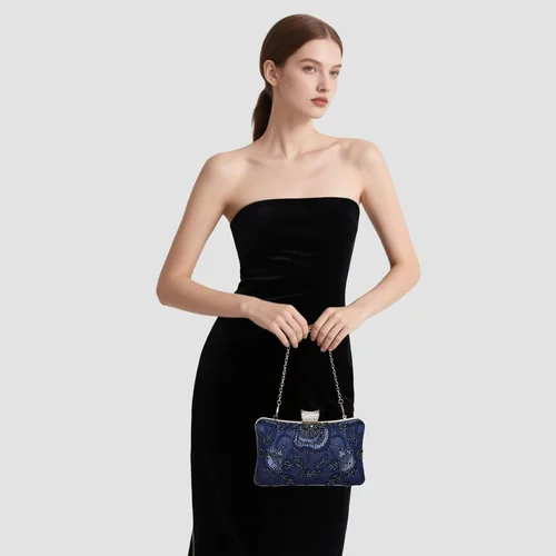 Vista 6 de Bolso de mano de novia vintage para mujer, con cuentas, estilo Gatsby, con cadena