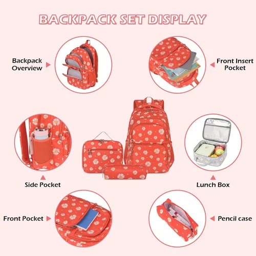 Vista 19 de goldwheat Mochilas impresas margaritas con paquete de almuerzo, estuche de lápices 3pcs, bolsa ligera resistente al agua para la escuela secundaria