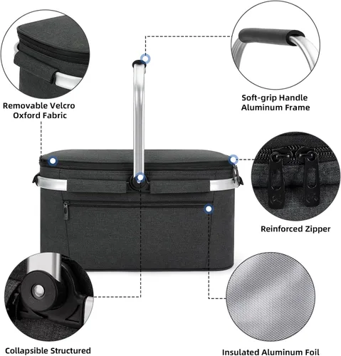 Vista 2 de ALLCAMP Cesta de pícnic, 2 cajas de hielo incluidas con enfriador aislado de 32 litros, cesta de picnic plegable gruesa con cestas extraíbles