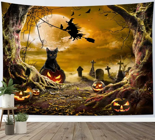 Vista 7 de LB Tapiz espeluznante de cementerio de Halloween, lápida aterradora con árboles muertos, tapiz de bosque para colgar en la pared, tapiz de fondo