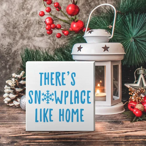 Vista 4 de Decoración de caja de madera para mesa de Navidad, con texto en inglés "There No Place Like Home", decoración de mesa navideña de invierno