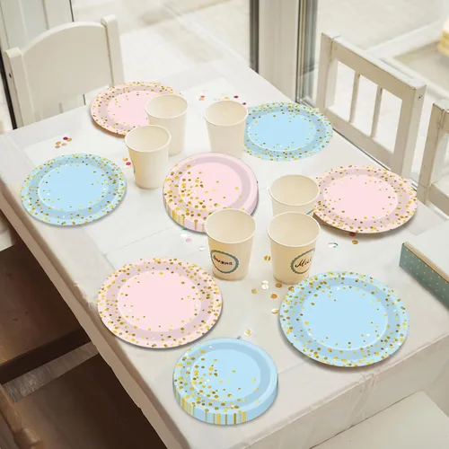 Vista 5 de Wiooffen 48 piezas de suministros para fiesta de revelación de género – Juego de vajilla para baby shower con platos de papel azul y rosa