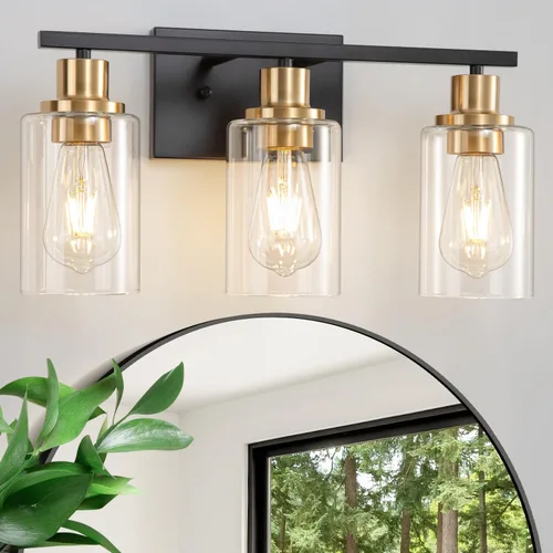 Vista 8 de Accesorios de iluminación de tocador de 3 luces, apliques de pared de baño en cromo pulido, luces de pared modernas con pantallas de vidrio