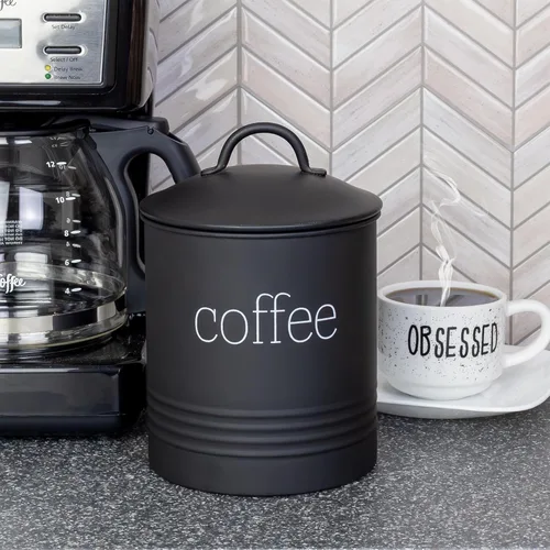 Vista 2 de AuldHome Design Recipiente de Café de Loza Esmaltada Negra; Almacenamiento de Café de Estilo Casa de Campo Moderno para Cocina
