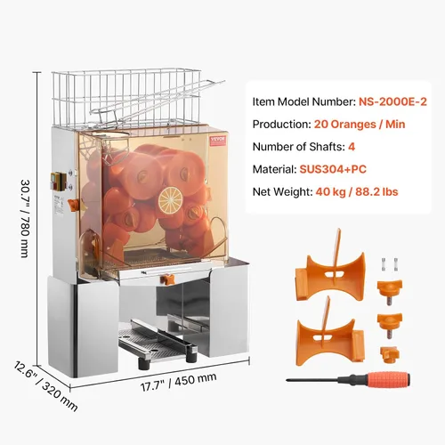 Vista 7 de VEVOR Exprimidor de naranja comercial, extractor de jugo automático de 120W, exprimidor de naranja de acero inoxidable para 20 naranjas por minuto