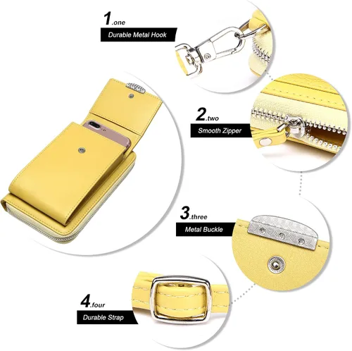 Vista 5 de KUKOO Small Crossbody Bag Cell Phone Purse Wallet with Credit Card Slots for Women A- Versión mejorada con cremallera amarilla