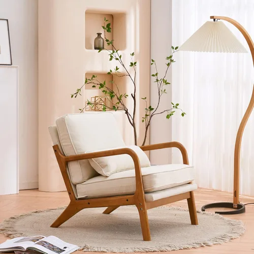 Vista 4 de Silla de ocio con reposabrazos y patas de madera maciza, silla de sala de estar moderna de mediados de siglo, sofá individual, para sala de estar