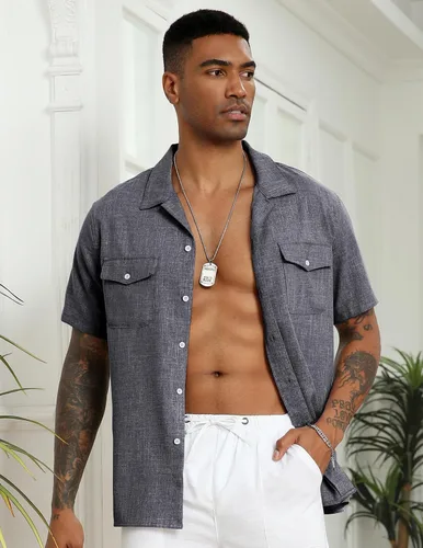 Vista 2 de COOFANDY Men's Linen Short Sleeve Button Down Shirt Casual Cuban Collar Summer Beach Shirts Vacation Essentials