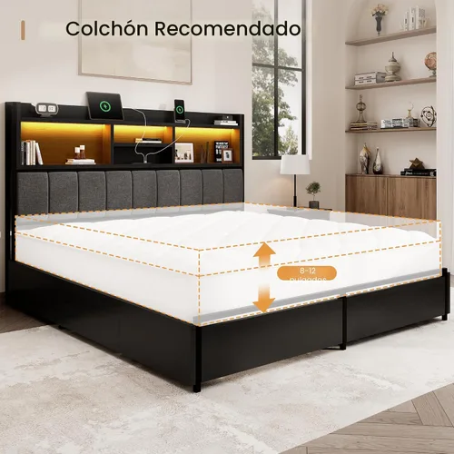 Vista 8 de BRELTAM Base de cama Queen con 6 cajones de almacenamiento, cabecera tapizada de lino, estación de carga USB integrada e iluminación LED, soporte