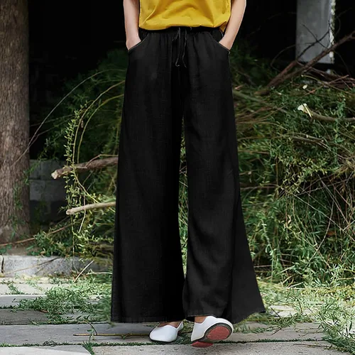 Vista 2 de Sharemen Pantalones de verano para mujer, cómodos, de algodón, de lino, cintura elástica con bolsillos, pantalones capri casuales
