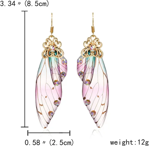 Vista 6 de BELLA-Bee - Aretes colgantes de alas de mariposa chapados en oro con cristal y diamantes de imitación, joyería para mujeres y niñas, joyería